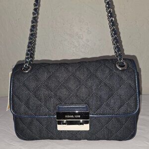 Michael Kors SLOAN Dark Quilted Denim Double Chain & Leather Strap Shoulder Bag